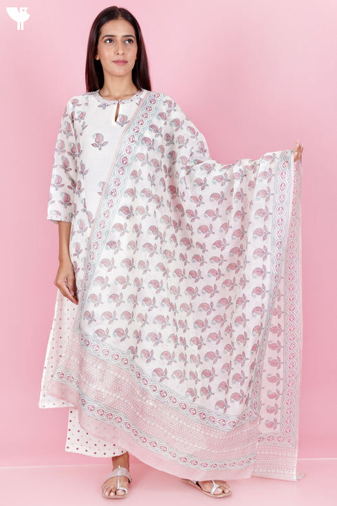 Chanderi Silk Kurta Pant And Dupatta Set In Block Print